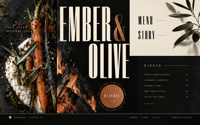 Ember and Olive restaurant menu reservation website design